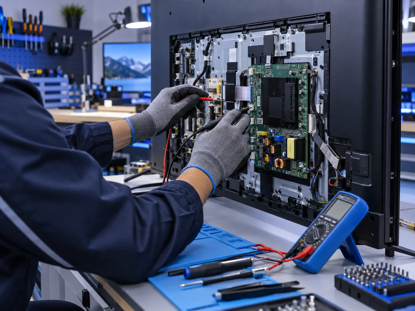 Técnico realizando manutenção em televisor